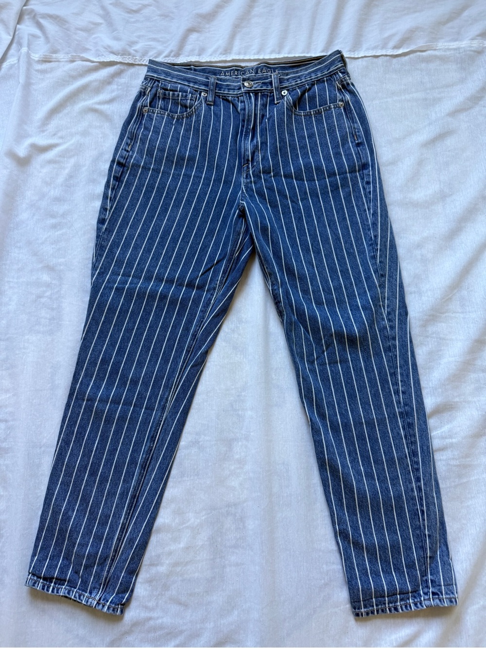 American Eagle Outfitters Women's Blue Pinstripe Straight Leg mom  Jeans cropped